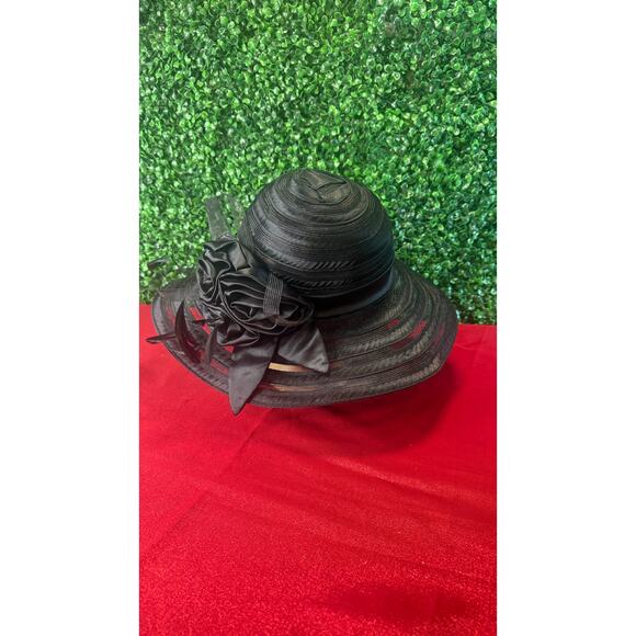 Vtg Sears Black Swinger Kentucky Derby Hat Wide Brim Ostrich Feather Rose NWT main image 7